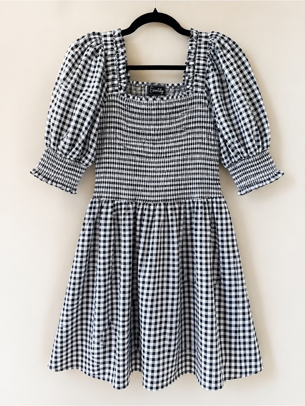 Everlily Black White Gingham Smocked Puff Sleeve Cotton Mini Dress Size L